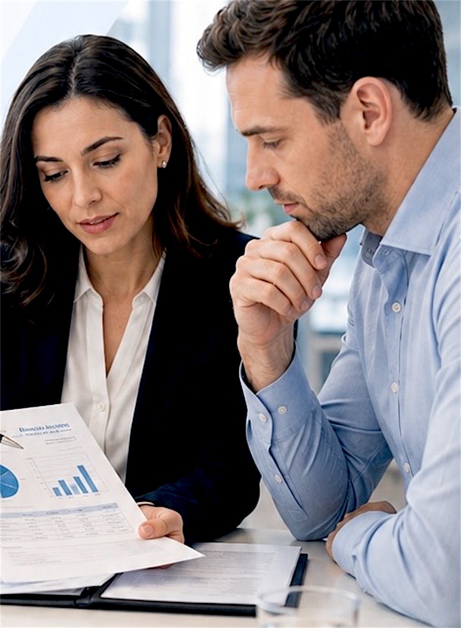 Asesora y asesor de F&L revisando un informe financiero