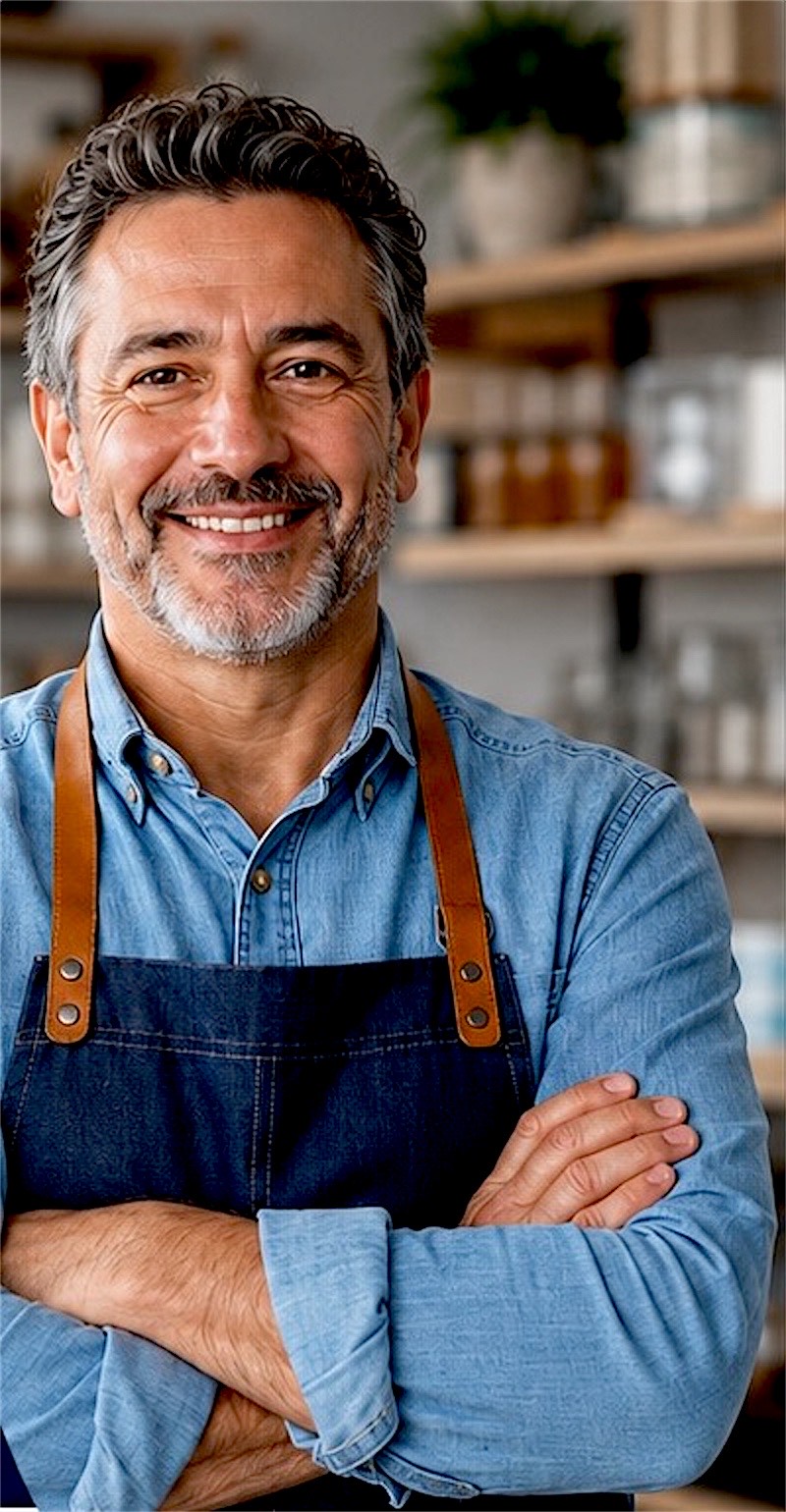 Dueño de un negocio sonriendo con los brazos cruzados en su local
